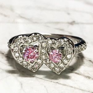 Sterling Silver Double Pink Hearts Ring